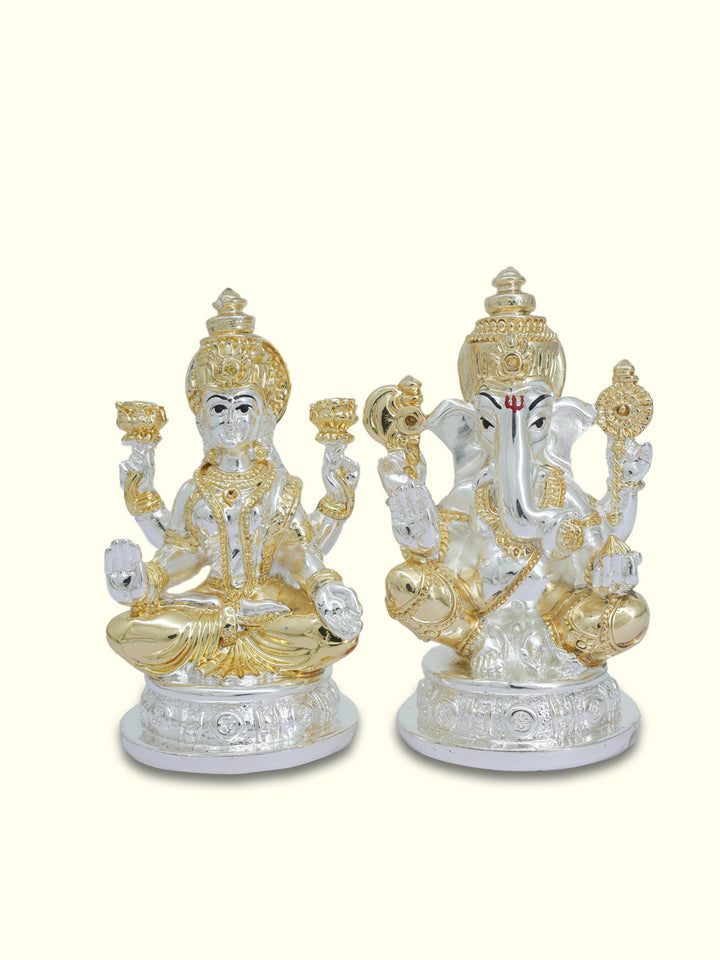 5" Ganapathy and Lakshmi Sitting on Throne (Gold with Silver Colour)