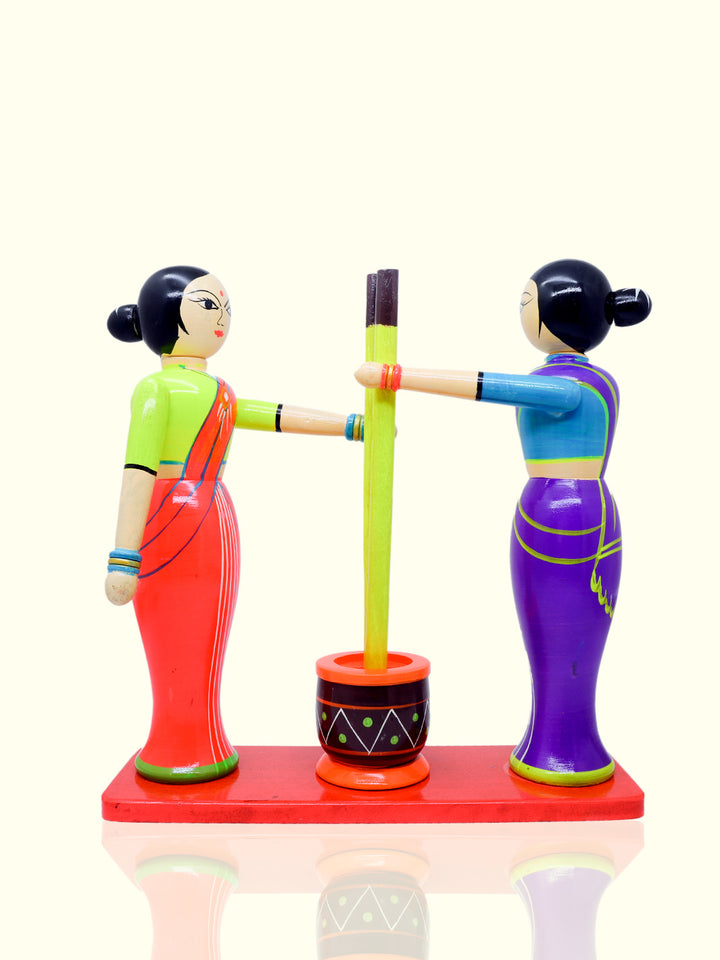 11.5" Village Ladies Pounding Spices in Pestle and Mortar Wooden Peg Doll