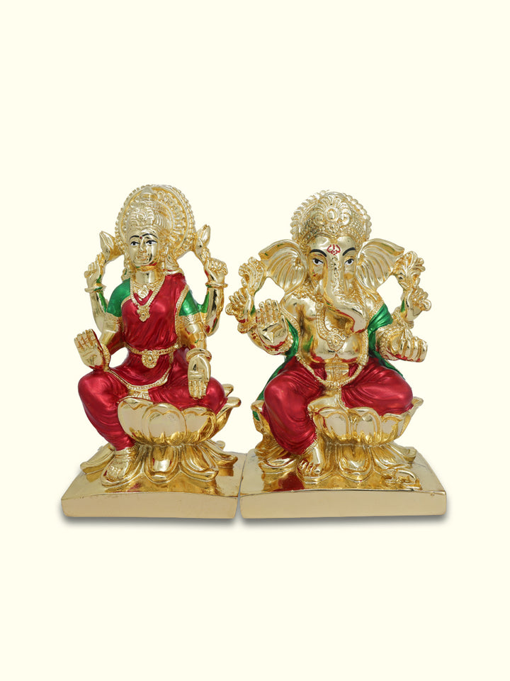 6.5" Ganapathy and Lakshmi Sitting on Lotus (Gold Colour)