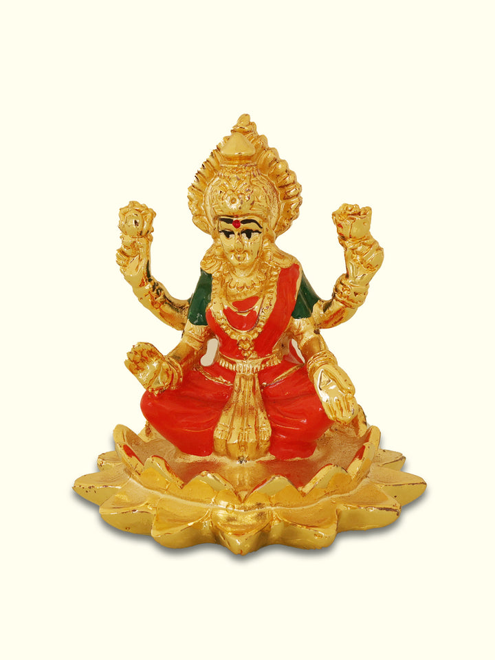 3" Gold Lakshmi with Red Sari Sitting on Lotus