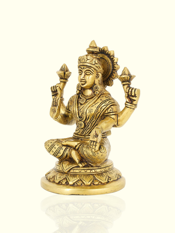 5” Majestic Brass Round Base Yellow Antique Lakshmi Idol