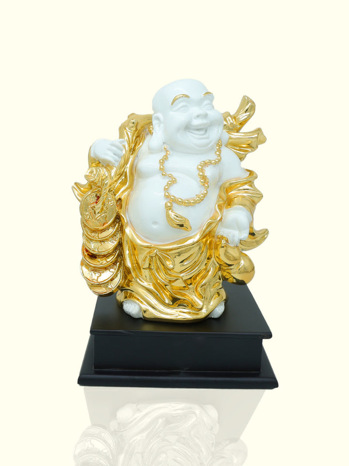 9" Laughing Budai Statue Holding Money Bag (Gold with White Colour)