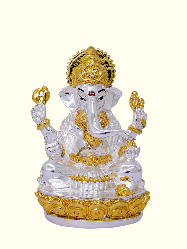 3.5" Ganesha Sitting on Lotus (White with Gold Colour)