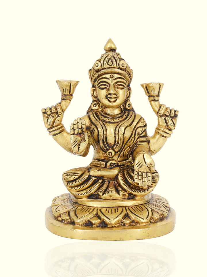 4.5” Graceful Brass Yellow Antique Half Round Base Lakshmi Idol