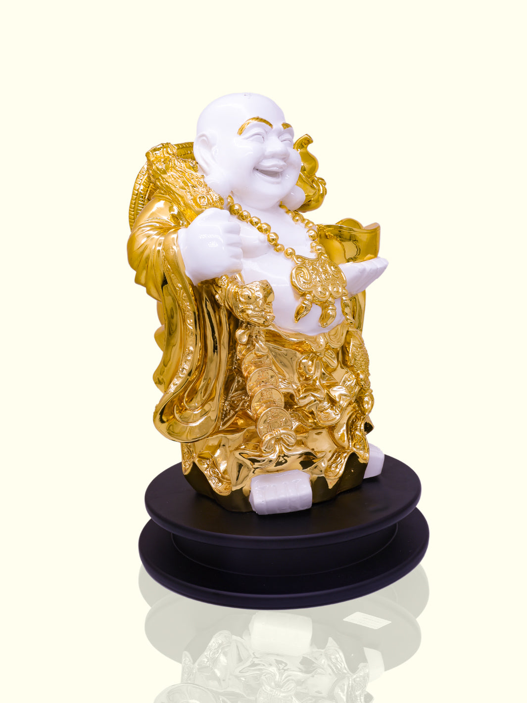 15" Laughing Budha Holding Ingot and Carrying Money Bag (White with Gold Colour)