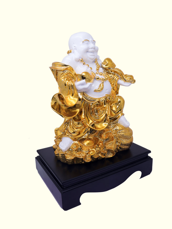 14" Laughing Budai Holding Ingot in Standing Position (White with Gold Colour)