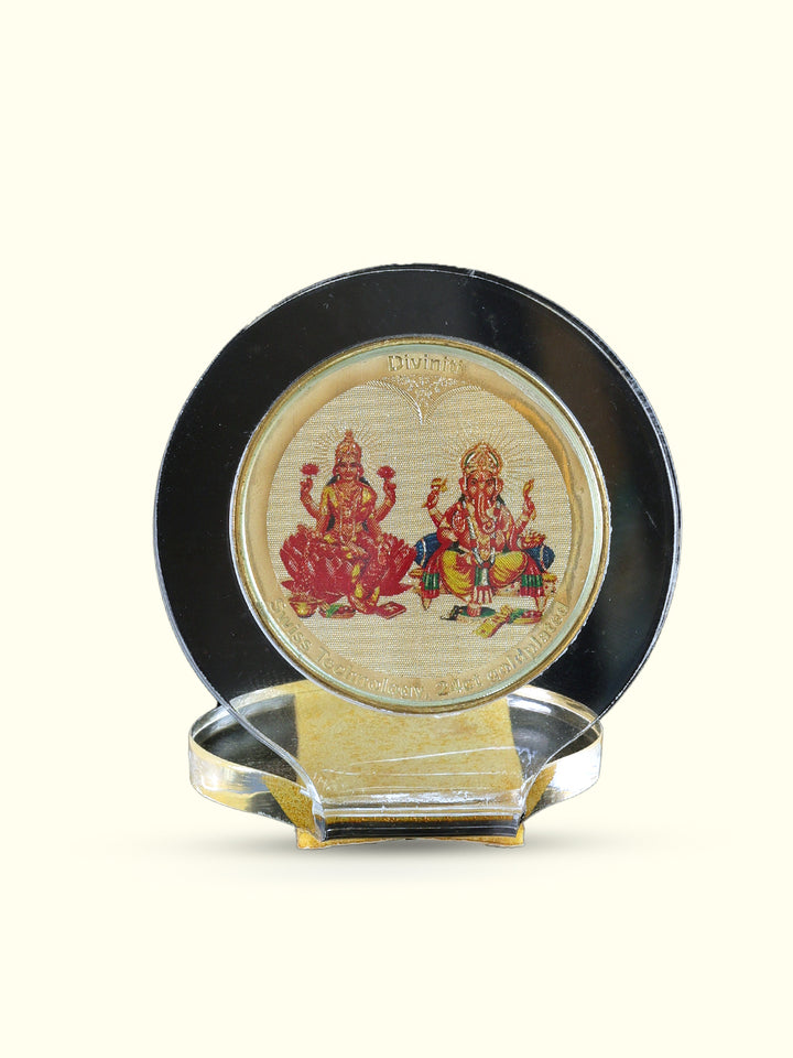 2.25" Dhana Lakshmi with Ganapathy for Car Dashboard (Gold Plated Steel Frame)