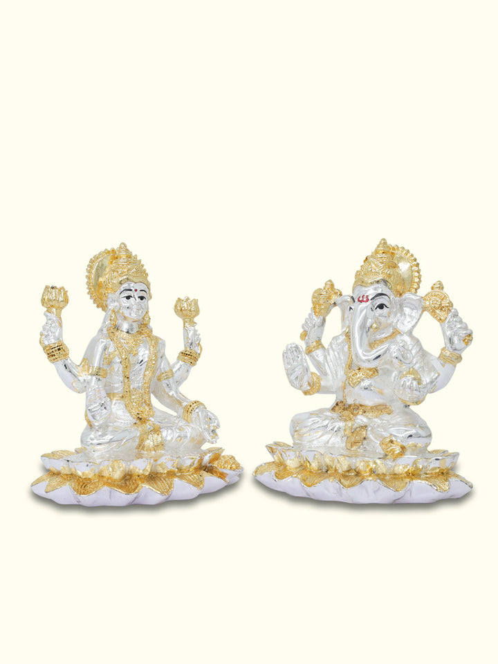 8" Wide Lakshmi and Ganapathy Sitting on Lotus (Gold with Silver Colour)