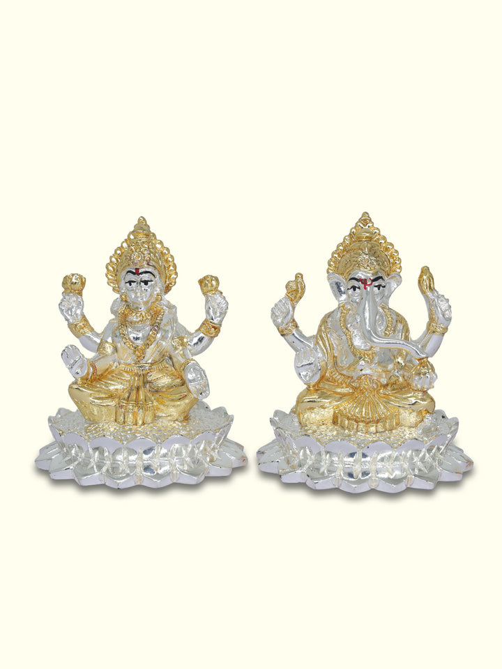 2.75" Lakshmi and Ganapathy Sitting on Lotus (Gold with Silver Colour)