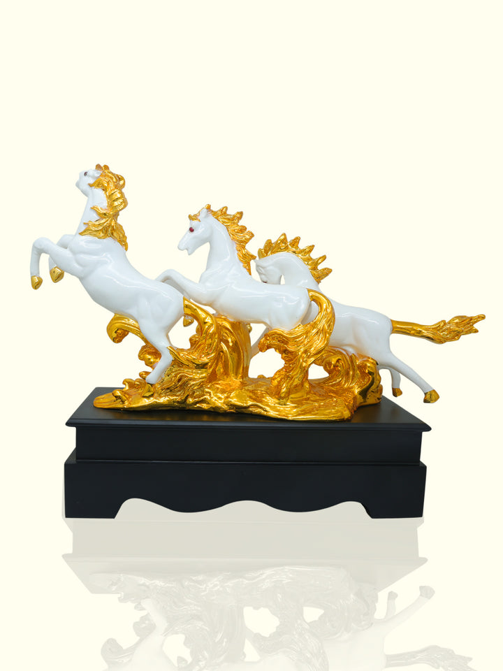 18" Wide Galloping Horse Statue (3 in 1 White with Gold Colour)