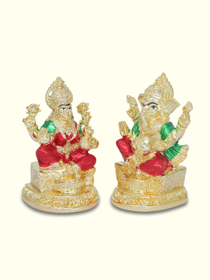 4.25" Ganapathy and Lakshmi Sitting on Throne (Gold Colour)