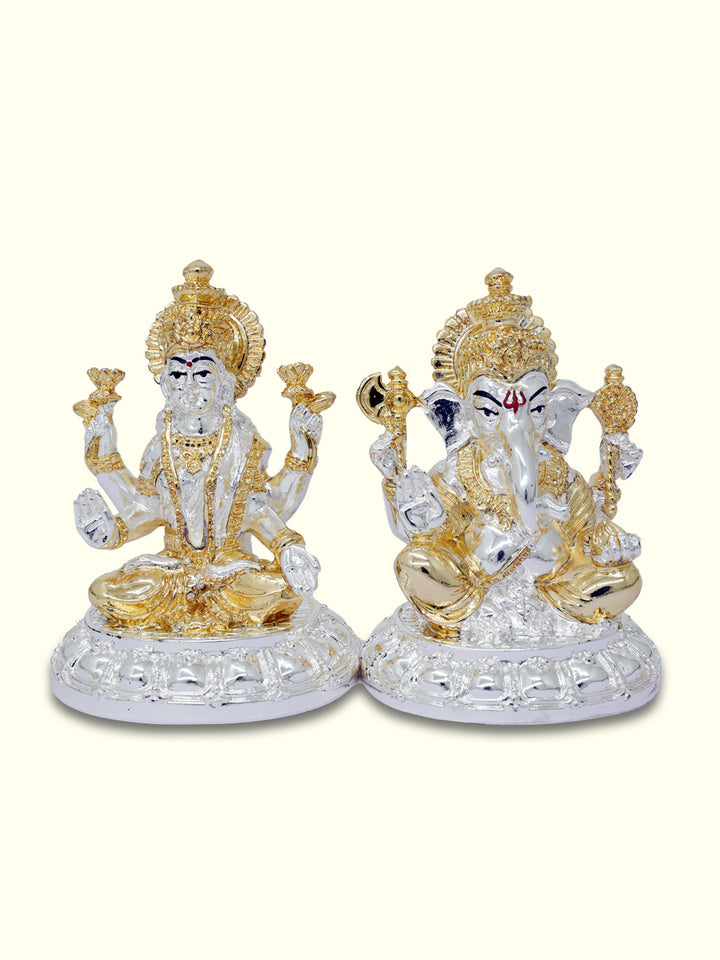 4" Lakshmi and Ganapathy Sitting on Throne (Gold with Silver Colour)