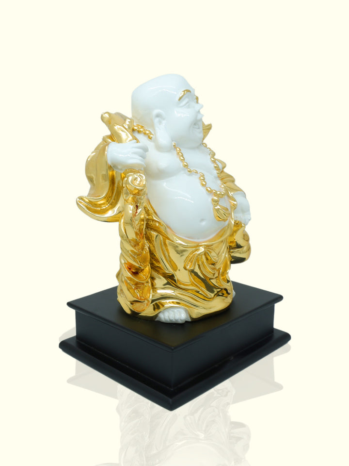 9" Laughing Budai Statue Holding Money Bag (Gold with White Colour)