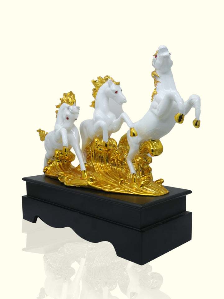 18" Wide Galloping Horse Statue (3 in 1 White with Gold Colour)