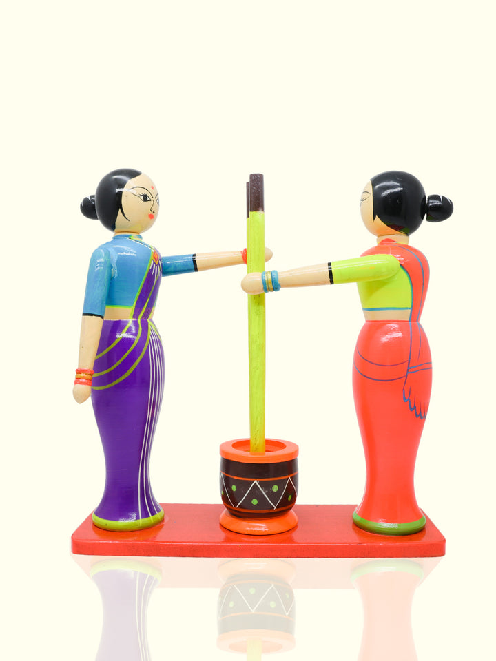 11.5" Village Ladies Pounding Spices in Pestle and Mortar Wooden Peg Doll