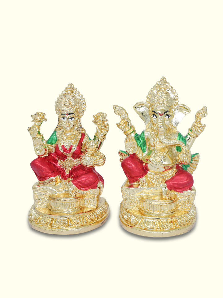 4.25" Ganapathy and Lakshmi Sitting on Throne (Gold Colour)