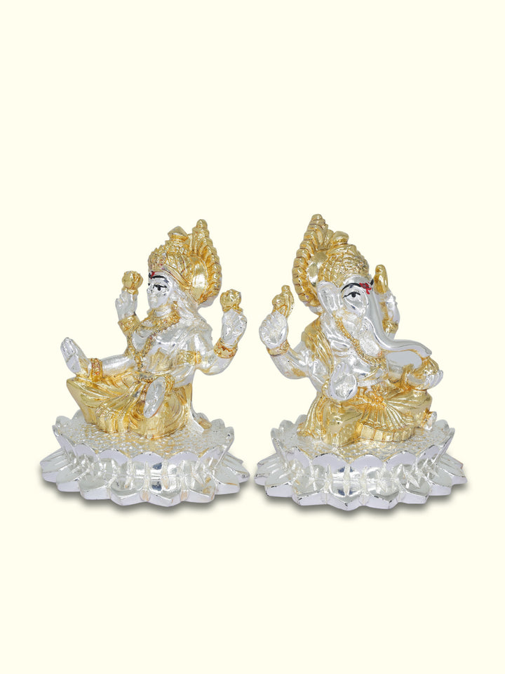 2.75" Lakshmi and Ganapathy Sitting on Lotus (Gold with Silver Colour)