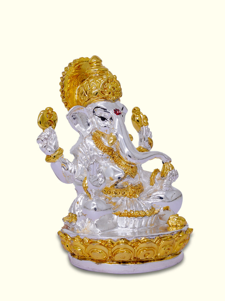 3.5" Ganesha Sitting on Lotus (White with Gold Colour)