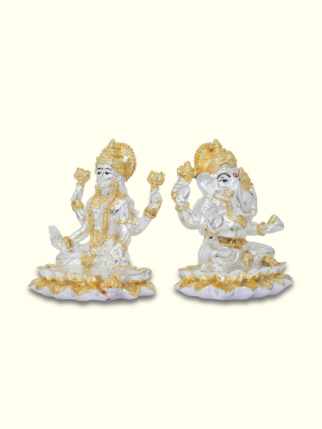 8" Wide Lakshmi and Ganapathy Sitting on Lotus (Gold with Silver Colour)