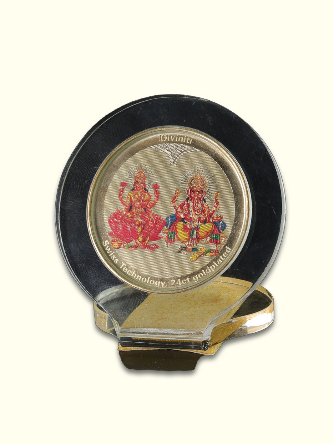 2.25" Dhana Lakshmi with Ganapathy for Car Dashboard (Gold Plated Steel Frame)