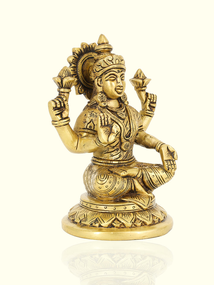 5” Majestic Brass Round Base Yellow Antique Lakshmi Idol