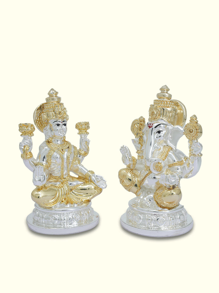 5" Ganapathy and Lakshmi Sitting on Throne (Gold with Silver Colour)