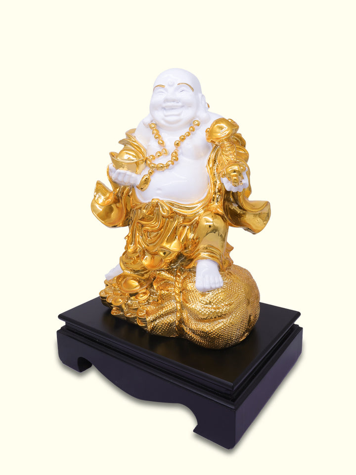 14" Laughing Budai Holding Ingot in Standing Position (White with Gold Colour)