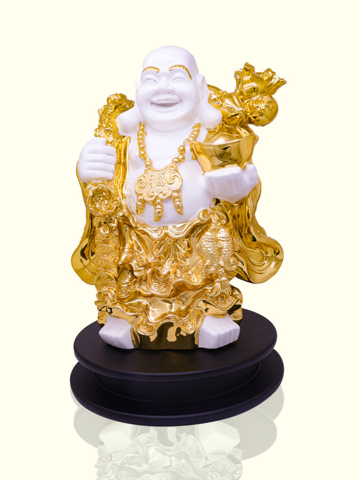 15" Laughing Budha Holding Ingot and Carrying Money Bag (White with Gold Colour)