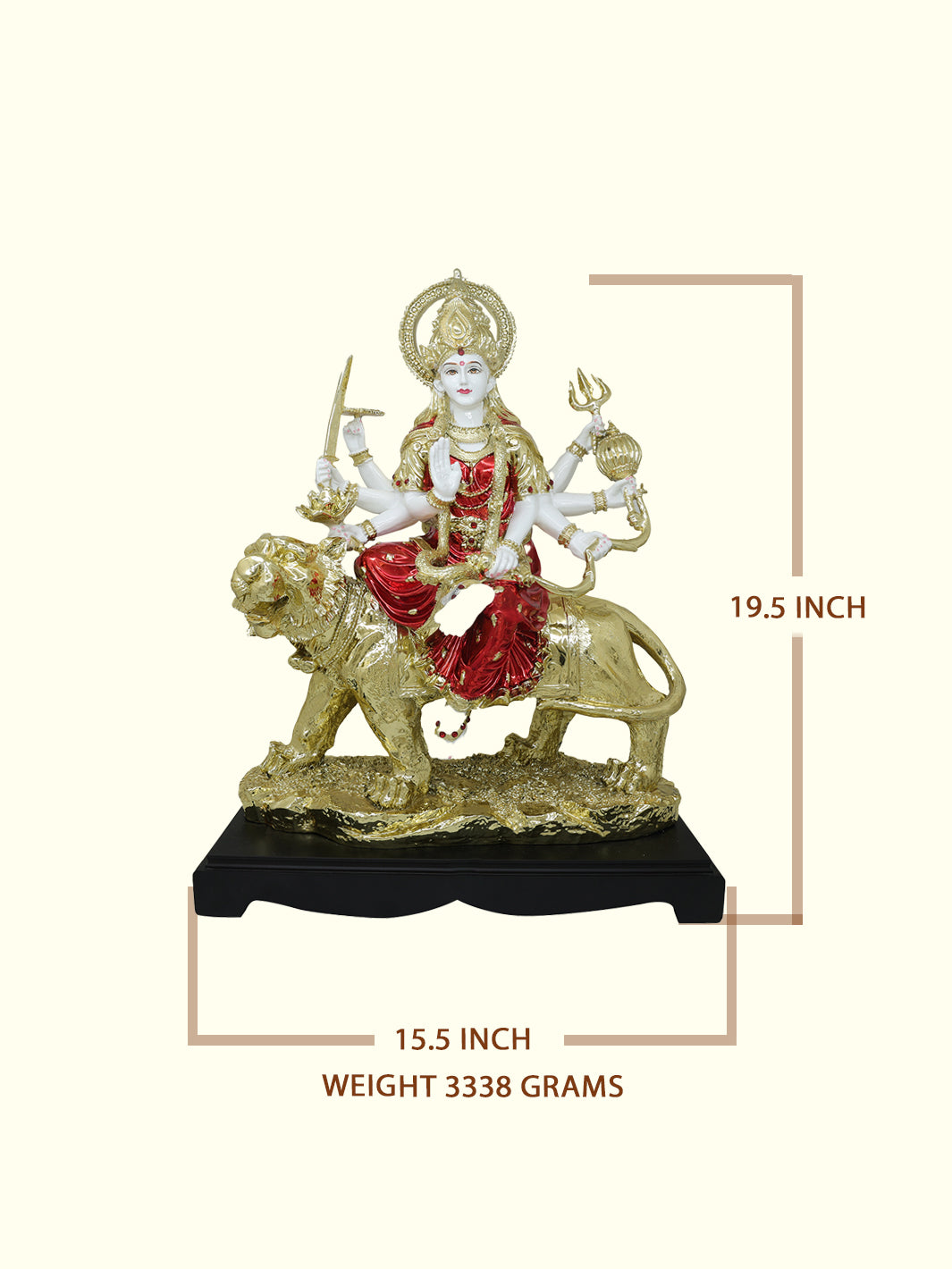 19.5" Durga Devi with Red Sari Sitting on Lion (Gold Colour)