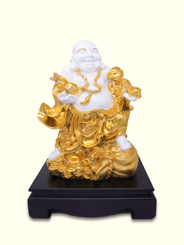 14" Laughing Budai Holding Ingot in Standing Position (White with Gold Colour)