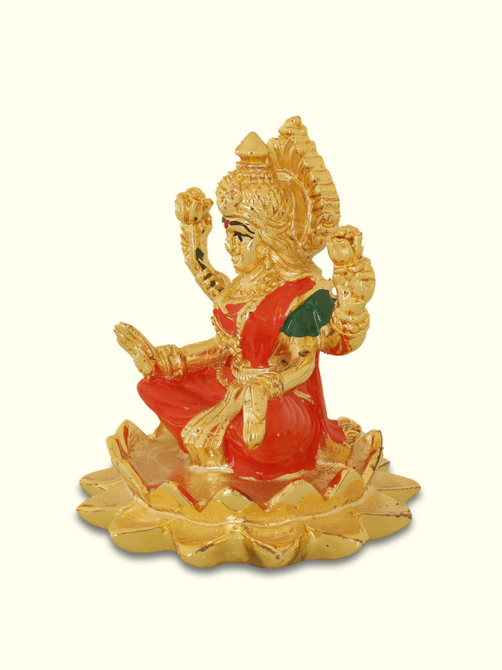 3" Gold Lakshmi with Red Sari Sitting on Lotus