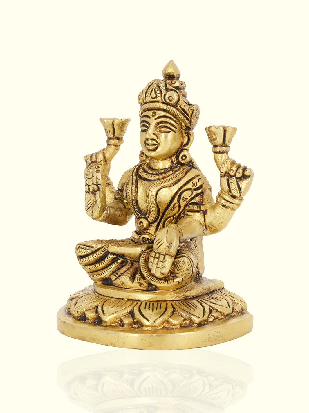 4.5” Graceful Brass Yellow Antique Half Round Base Lakshmi Idol