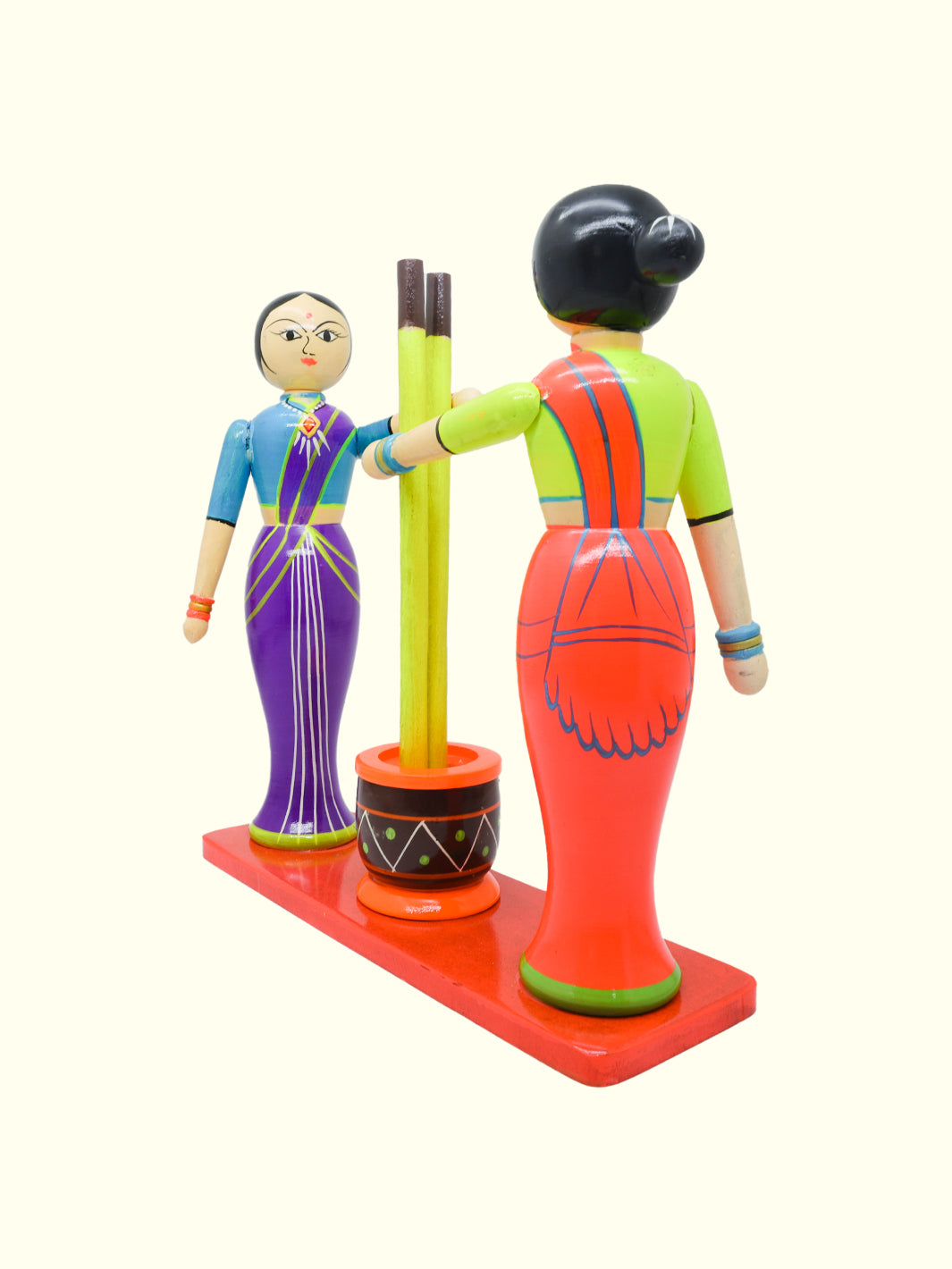 11.5" Village Ladies Pounding Spices in Pestle and Mortar Wooden Peg Doll