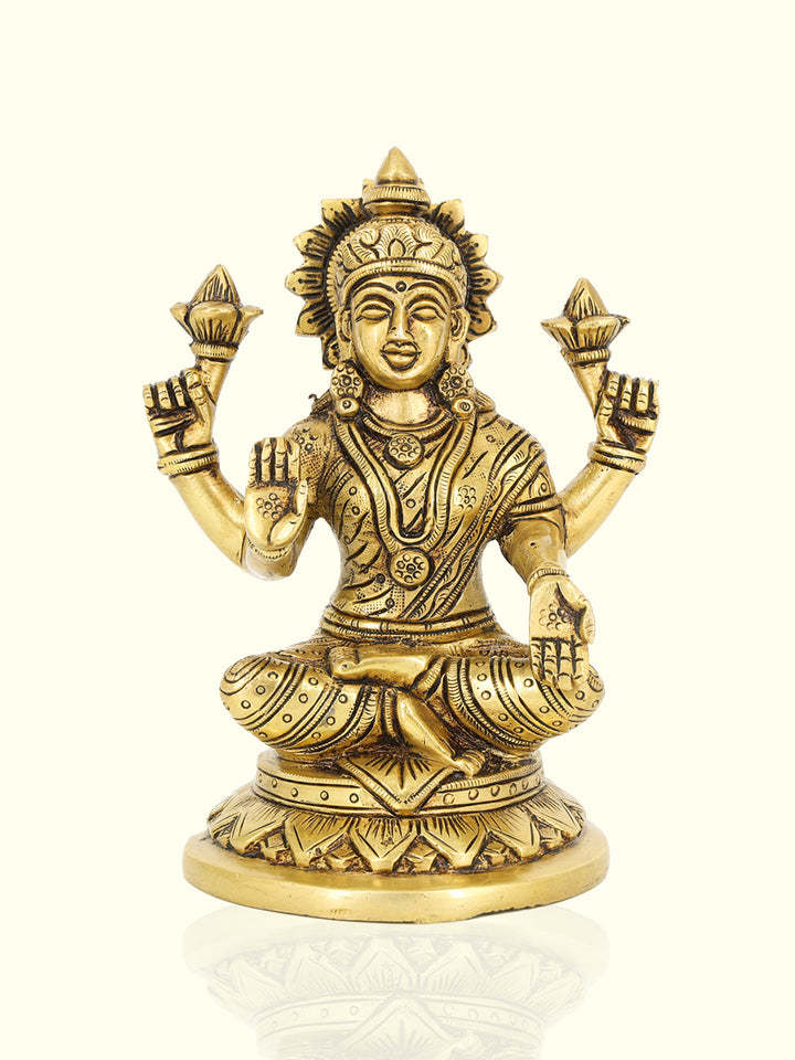 5” Majestic Brass Round Base Yellow Antique Lakshmi Idol