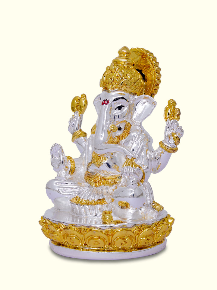 3.5" Ganesha Sitting on Lotus (White with Gold Colour)