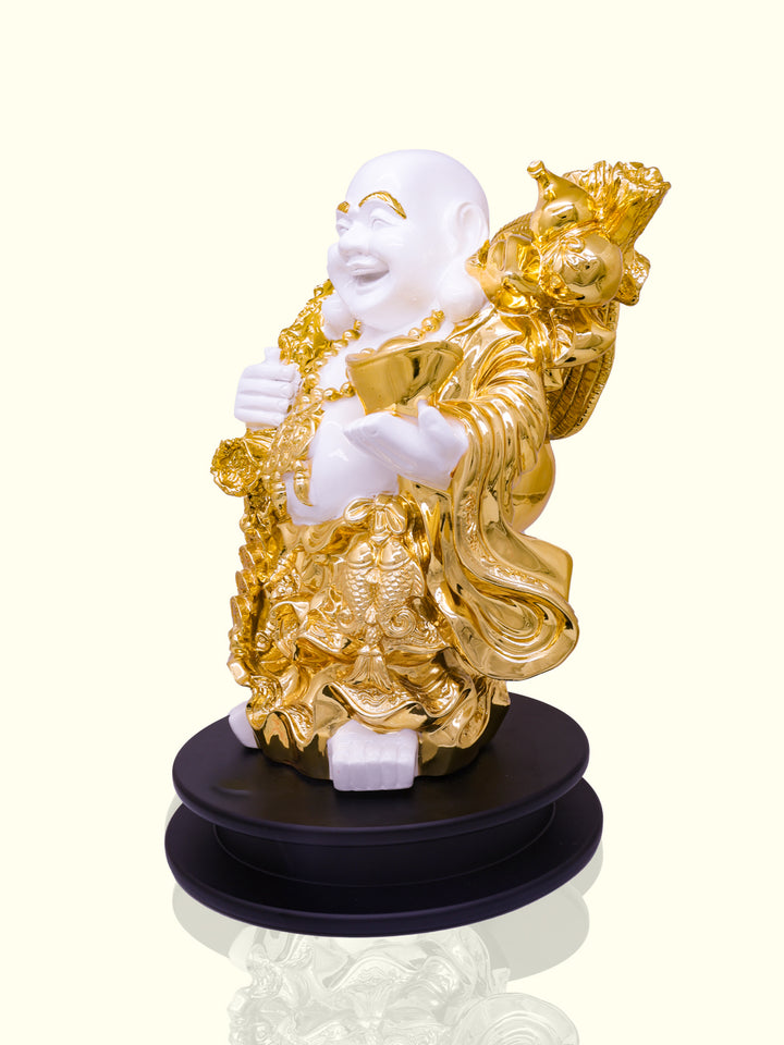 15" Laughing Budha Holding Ingot and Carrying Money Bag (White with Gold Colour)