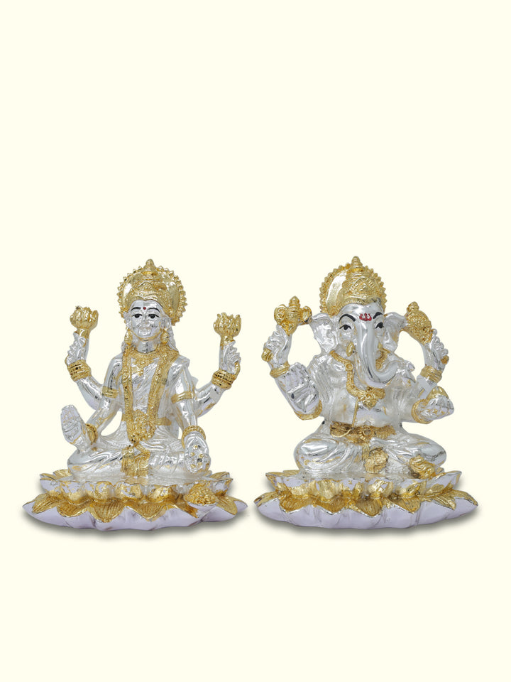 8" Wide Lakshmi and Ganapathy Sitting on Lotus (Gold with Silver Colour)