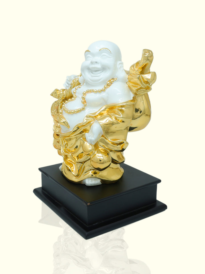 9" Laughing Budai Statue Holding Money Bag (Gold with White Colour)