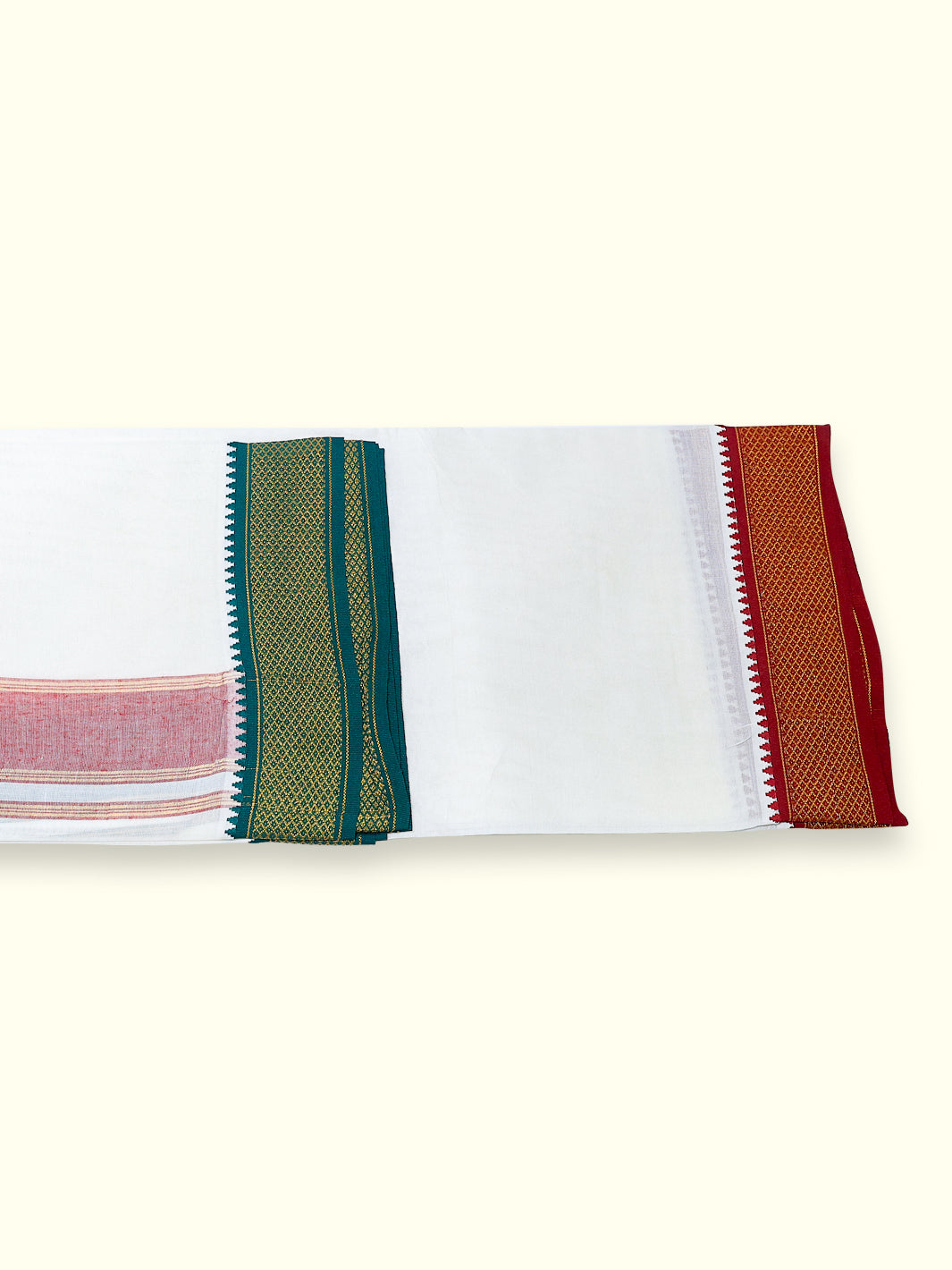 Men’s Single Dhoti - White With Dual-Color Border in Red, Green, And Gold Zari