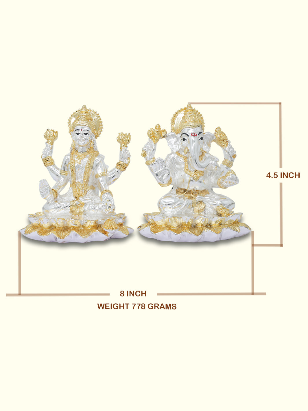 8" Wide Lakshmi and Ganapathy Sitting on Lotus (Gold with Silver Colour)