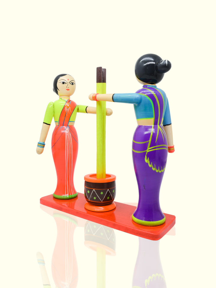 11.5" Village Ladies Pounding Spices in Pestle and Mortar Wooden Peg Doll