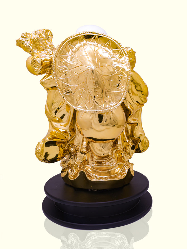 15" Laughing Budha Holding Ingot and Carrying Money Bag (White with Gold Colour)