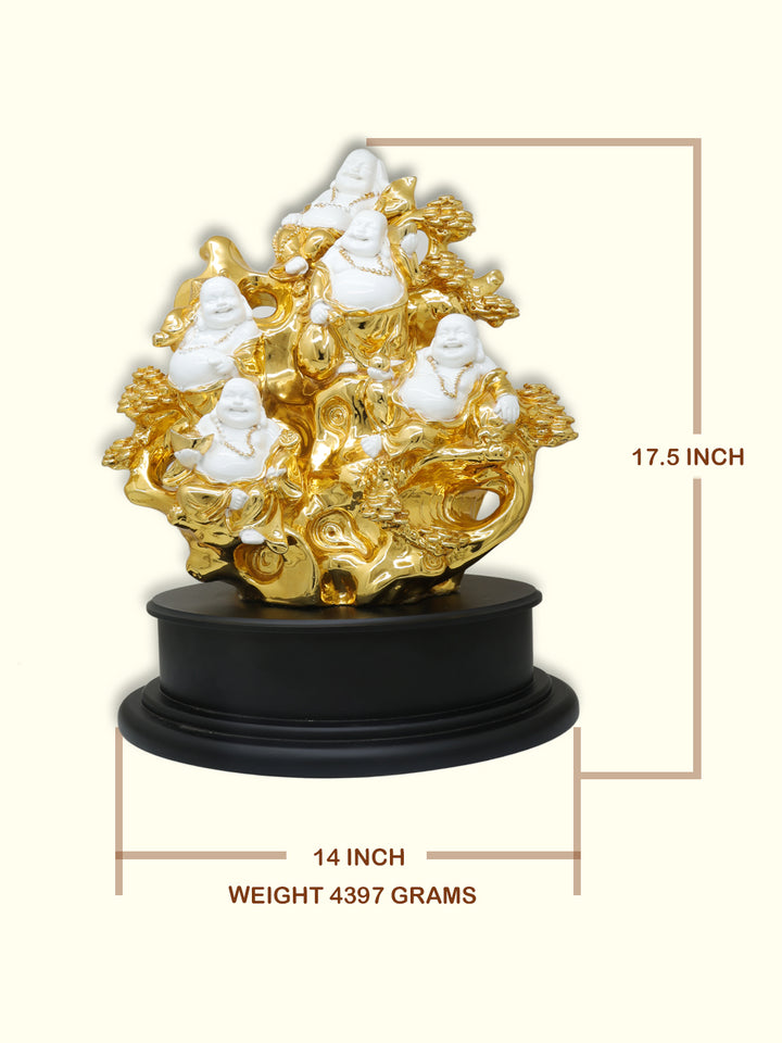 17.5" Laughing Budai Holding Ingot and Money Bag in Sitting Position (5 in 1 White with Gold Colour)