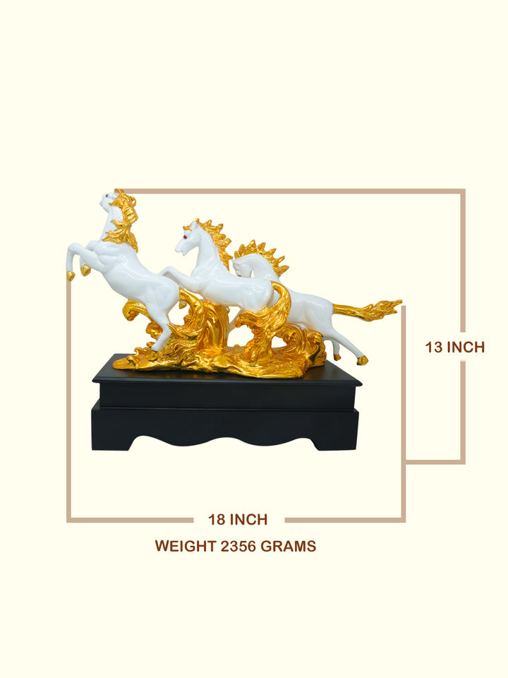 18" Wide Galloping Horse Statue (3 in 1 White with Gold Colour)