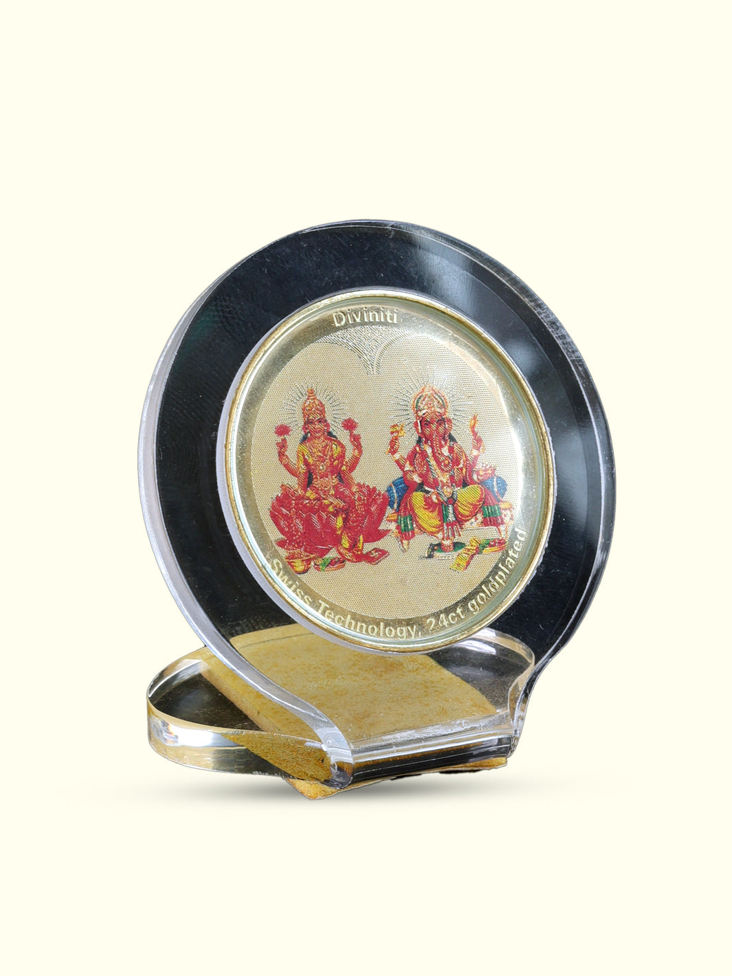 2.25" Dhana Lakshmi with Ganapathy for Car Dashboard (Gold Plated Steel Frame)