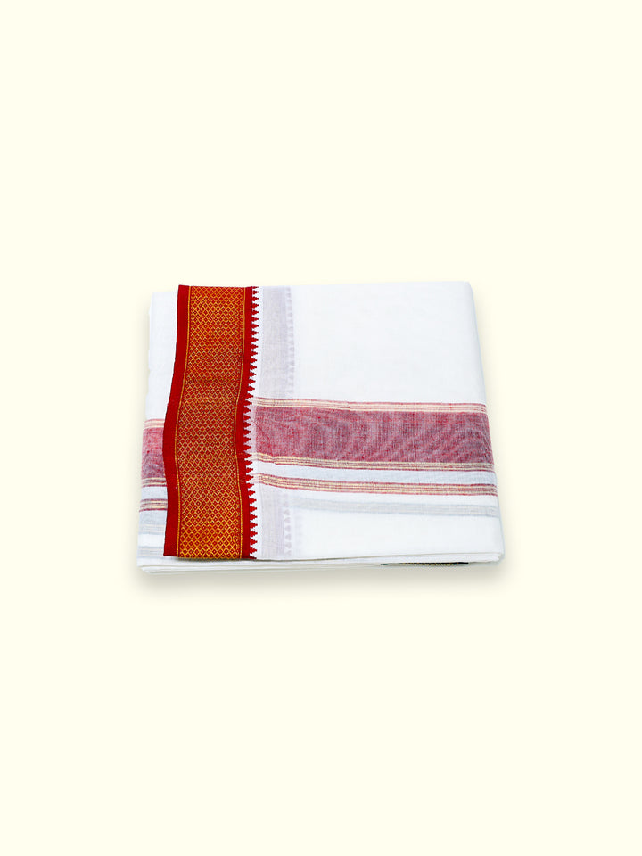 Men’s Single Dhoti - White With Dual-Color Border in Red, Green, And Gold Zari