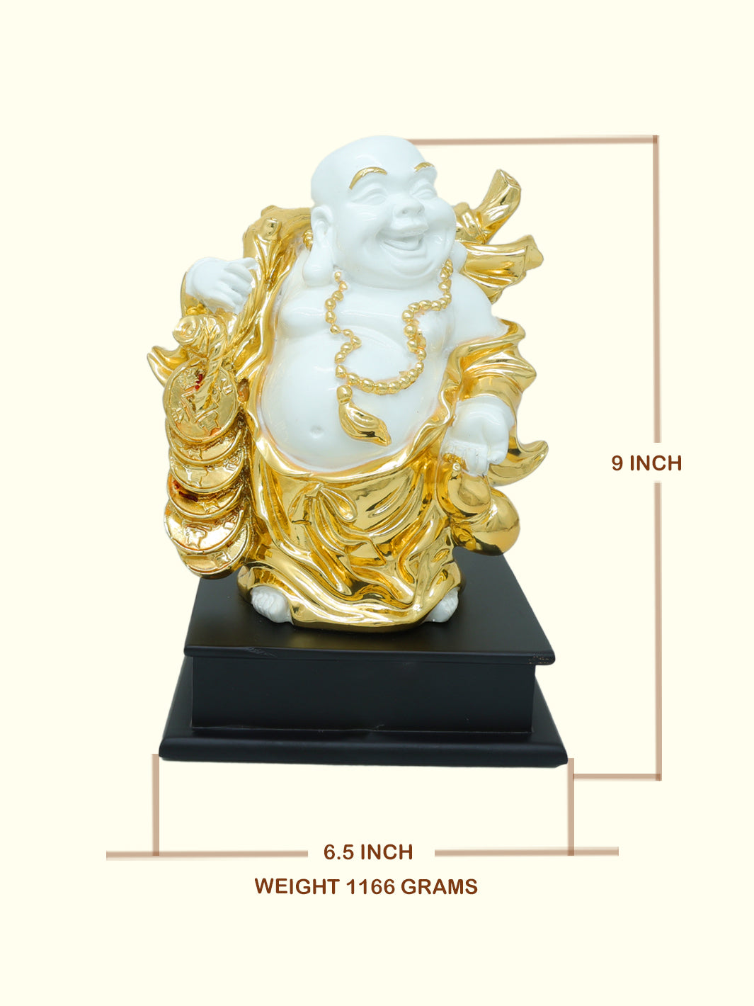 9" Laughing Budai Statue Holding Money Bag (Gold with White Colour)