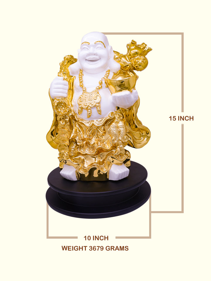 15" Laughing Budha Holding Ingot and Carrying Money Bag (White with Gold Colour)