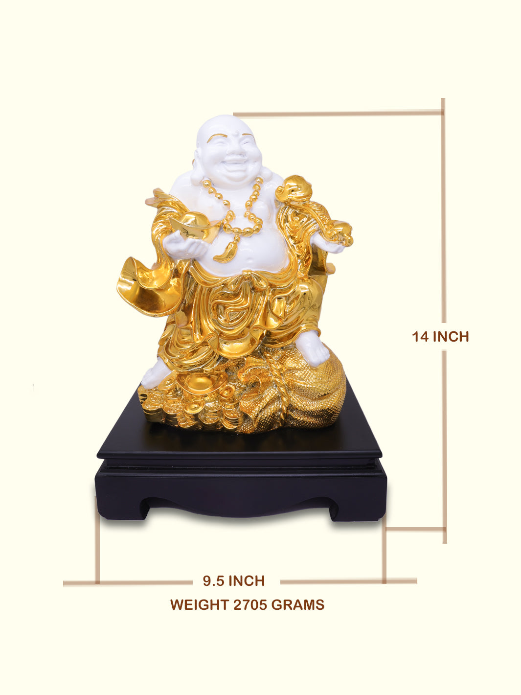 14" Laughing Budai Holding Ingot in Standing Position (White with Gold Colour)