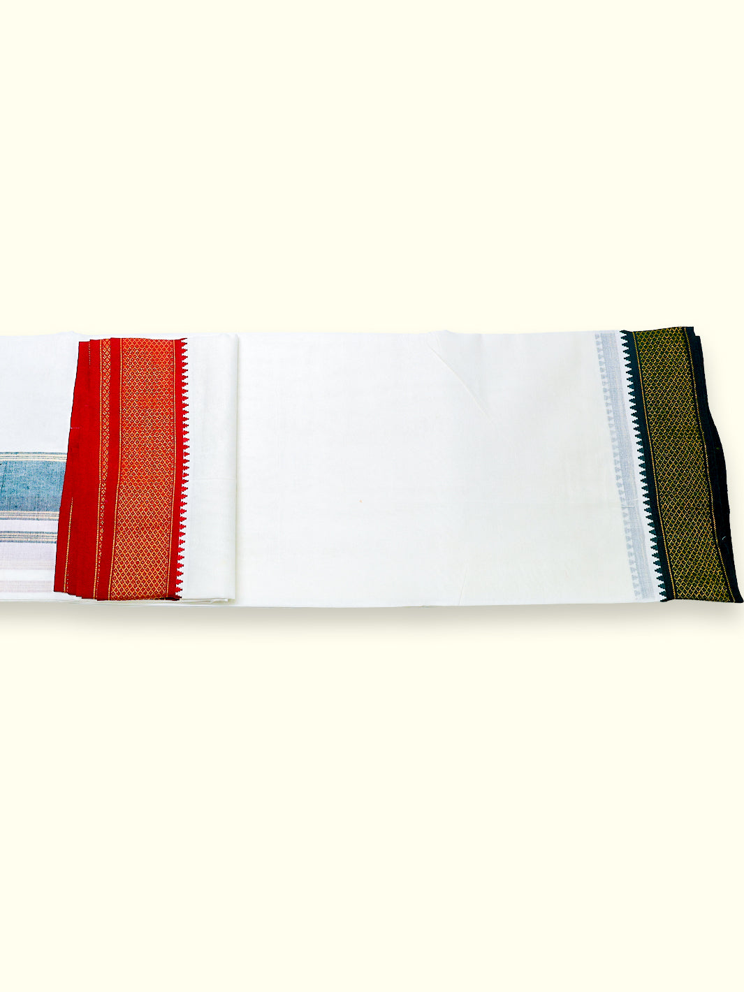 Men’s Single Dhoti - White With Dual-Color Border in Red, Green, And Gold Zari